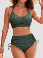 Sunnylia - Womens High Waisted Bikini Sets Drawstring Tummy Control Swimsuits Crisscross Tie Back Bathing Suit