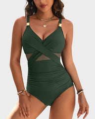 Sunnylia - Metallic Accent Mesh Panel One Piece Swimsuit