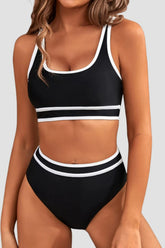 Sunnylia - Women's High Waisted Bikini Sets Sporty Two Piece Swimsuits Color Block Cheeky High Cut Bathing Suits