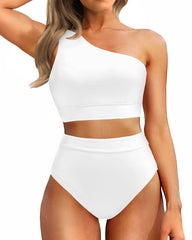 Sunnylia - One Shoulder High Waisted Bikini Sets Two Piece Swimsuit Tummy Control-Pink