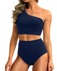 Sunnylia - One Shoulder High Waisted Bikini Sets Two Piece Swimsuit Tummy Control-Pink