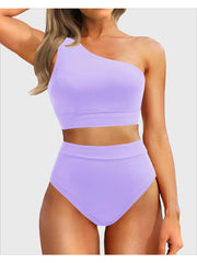 Sunnylia - One Shoulder High Waisted Bikini Sets Two Piece Swimsuit Tummy Control-Black