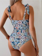 Sunnylia - Women's One Piece Swimsuits Tummy Control Bathing Suits V Neck Boho Tie Shoulder Ruched Full