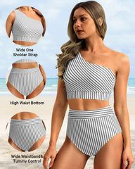 Sunnylia - One Shoulder High Waisted Bikini Sets Two Piece Swimsuit Tummy Control-Pink
