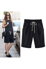 Sunnylia - Women's Elastic Waist Knee Length Casual Cotton Bermuda Shorts with Drawstring