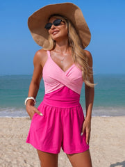 Sunnylia - Women's Swim Romper With Pocket Tummy Control One Piece Shorts Swimsuit