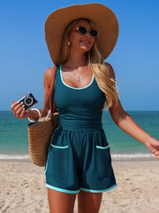 Sunnylia - Women's Colorblock Sporty Tummy Control One Piece Bathing Suit with Shorts Pockets