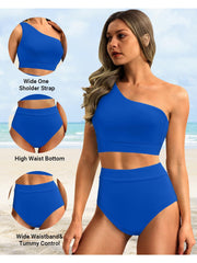 Sunnylia - One Shoulder High Waisted Bikini Sets Two Piece Swimsuit Tummy Control-Black