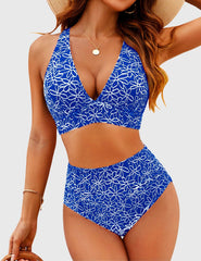 Sunnylia - Women Embroidery Print High Waisted Bikini Sets V Neck Tummy Control Bathing Suit Two Piece Curvy Swimsuits