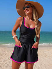 Sunnylia - Women's Colorblock Sporty Tummy Control One Piece Bathing Suit with Shorts Pockets