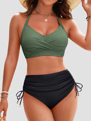 Sunnylia - Womens High Waisted Bikini Sets Drawstring Tummy Control Swimsuits Crisscross Tie Back Bathing Suit