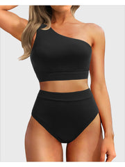 Sunnylia - One Shoulder High Waisted Bikini Sets Two Piece Swimsuit Tummy Control-Black