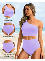 Sunnylia - One Shoulder High Waisted Bikini Sets Two Piece Swimsuit Tummy Control-Black