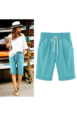 Sunnylia - Women's Elastic Waist Knee Length Casual Cotton Bermuda Shorts with Drawstring