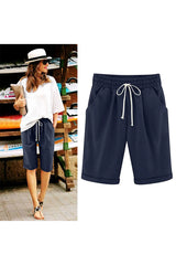 Sunnylia - Women's Elastic Waist Knee Length Casual Cotton Bermuda Shorts with Drawstring