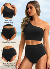 Sunnylia - One Shoulder High Waisted Bikini Sets Two Piece Swimsuit Tummy Control-Pink