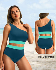 Sunnylia - One Shoulder High Waisted Bikini Sets Two Piece Swimsuit Tummy Control-Pink