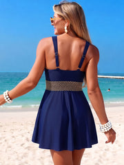 Sunnylia - Women's Black V-Neck One-Piece Swim Dress with Waist Band Detail