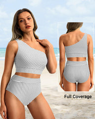 Sunnylia - One Shoulder High Waisted Bikini Sets Two Piece Swimsuit Tummy Control-Pink