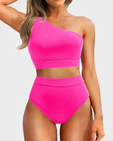 Sunnylia - One Shoulder High Waisted Bikini Sets Two Piece Swimsuit Tummy Control-Pink