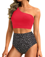 Sunnylia - One Shoulder High Waisted Bikini Sets Two Piece Swimsuit Tummy Control-Pink