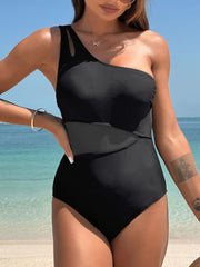 Sunnylia - Women's One Piece Swimsuits Tummy Control Mesh Patchwork Bathing Suit One Shoulder Adjustable Straps