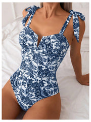 Sunnylia - Women's One Piece Swimsuits Tummy Control Bathing Suits V Neck Boho Tie Shoulder Ruched Full