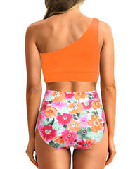 Sunnylia - One Shoulder High Waisted Bikini Sets Two Piece Swimsuit Tummy Control-Pink