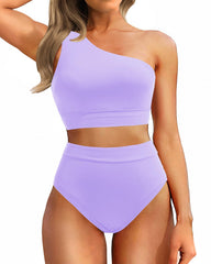 Sunnylia - One Shoulder High Waisted Bikini Sets Two Piece Swimsuit Tummy Control-Pink
