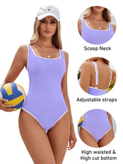 Sunnylia - Women's One Piece Swimsuit Sports Adjustable Strap Bathing Suit Color Block Ribbed High Cut Swimsuits