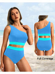 Sunnylia - One Shoulder High Waisted Bikini Sets Two Piece Swimsuit Tummy Control-Black