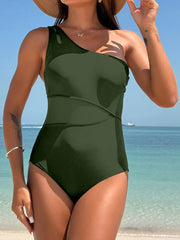 Sunnylia - Women's One Piece Swimsuits Tummy Control Mesh Patchwork Bathing Suit One Shoulder Adjustable Straps