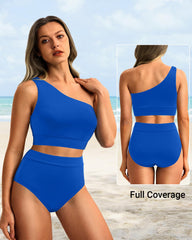 Sunnylia - One Shoulder High Waisted Bikini Sets Two Piece Swimsuit Tummy Control-Pink