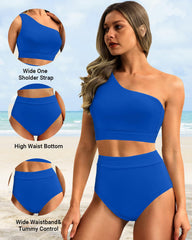 Sunnylia - One Shoulder High Waisted Bikini Sets Two Piece Swimsuit Tummy Control-Pink