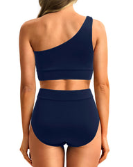 Sunnylia - One Shoulder High Waisted Bikini Sets Two Piece Swimsuit Tummy Control-Pink