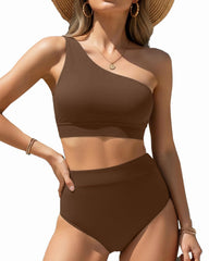 Sunnylia - One Shoulder High Waisted Bikini Sets Two Piece Swimsuit Tummy Control-Pink
