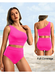 Sunnylia - One Shoulder High Waisted Bikini Sets Two Piece Swimsuit Tummy Control-Black