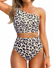 Sunnylia - One Shoulder High Waisted Bikini Sets Two Piece Swimsuit Tummy Control-Pink