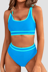 Sunnylia - Women's High Waisted Bikini Sets Sporty Two Piece Swimsuits Color Block Cheeky High Cut Bathing Suits