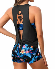 Sunnylia - Women's 3 Piece Scoop Neck Criss Cross Tankini Swimsuits