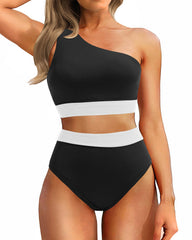 Sunnylia - One Shoulder High Waisted Bikini Sets Two Piece Swimsuit Tummy Control-Pink