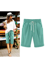 Sunnylia - Women's Elastic Waist Knee Length Casual Cotton Bermuda Shorts with Drawstring
