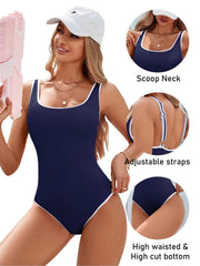 Sunnylia - Women's One Piece Swimsuit Sports Adjustable Strap Bathing Suit Color Block Ribbed High Cut Swimsuits