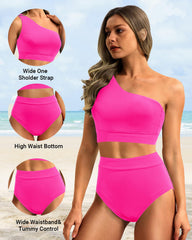 Sunnylia - One Shoulder High Waisted Bikini Sets Two Piece Swimsuit Tummy Control-Pink