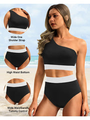 Sunnylia - One Shoulder High Waisted Bikini Sets Two Piece Swimsuit Tummy Control-Black