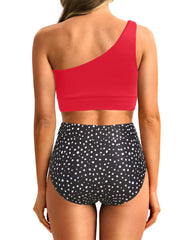 Sunnylia - One Shoulder High Waisted Bikini Sets Two Piece Swimsuit Tummy Control-Pink