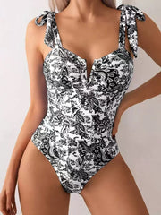Sunnylia - Women's One Piece Swimsuits Tummy Control Bathing Suits V Neck Boho Tie Shoulder Ruched Full