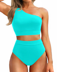 Sunnylia - One Shoulder High Waisted Bikini Sets Two Piece Swimsuit Tummy Control-Pink