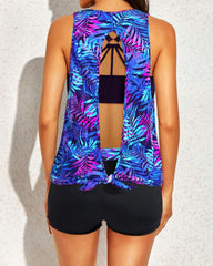 Sunnylia - Women's 3 Piece Scoop Neck Criss Cross Tankini Swimsuits