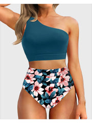 Sunnylia - One Shoulder High Waisted Bikini Sets Two Piece Swimsuit Tummy Control-Black
